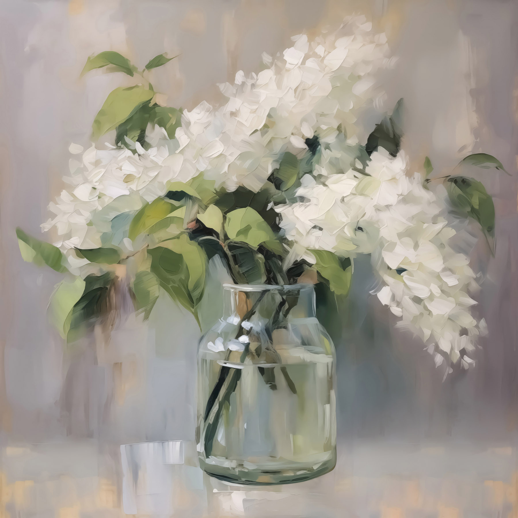 s43439p - Schilderij van een boeket witte bloemen in een glazen pot - tegory