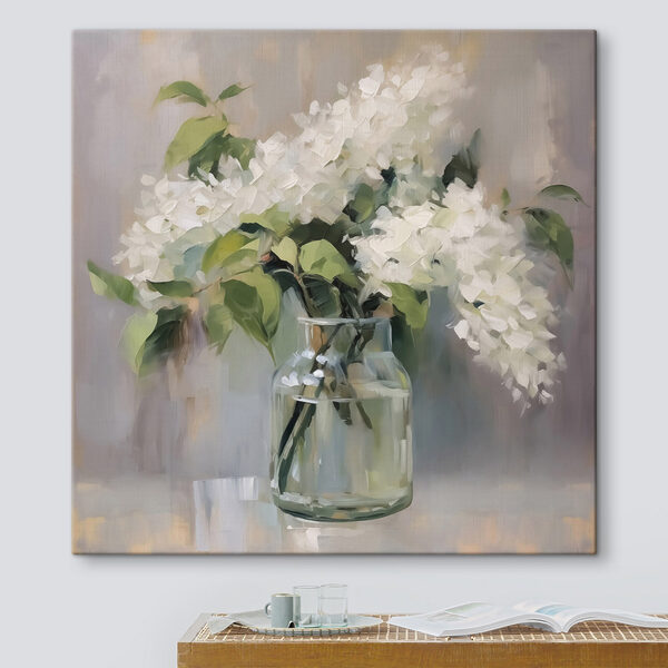 Schilderij van een boeket witte bloemen in een glazen pot Schilderij van een boeket witte bloemen in een glazen pot