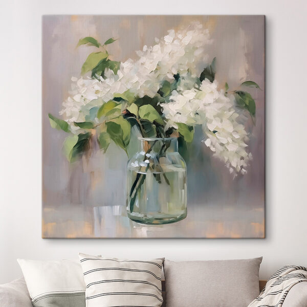 Schilderij van een boeket witte bloemen in een glazen pot Schilderij van een boeket witte bloemen in een glazen pot