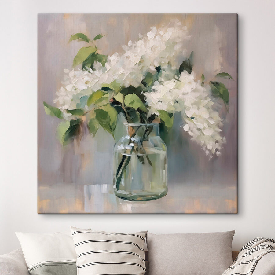 Schilderij van een boeket witte bloemen in een glazen pot Schilderij van een boeket witte bloemen in een glazen pot