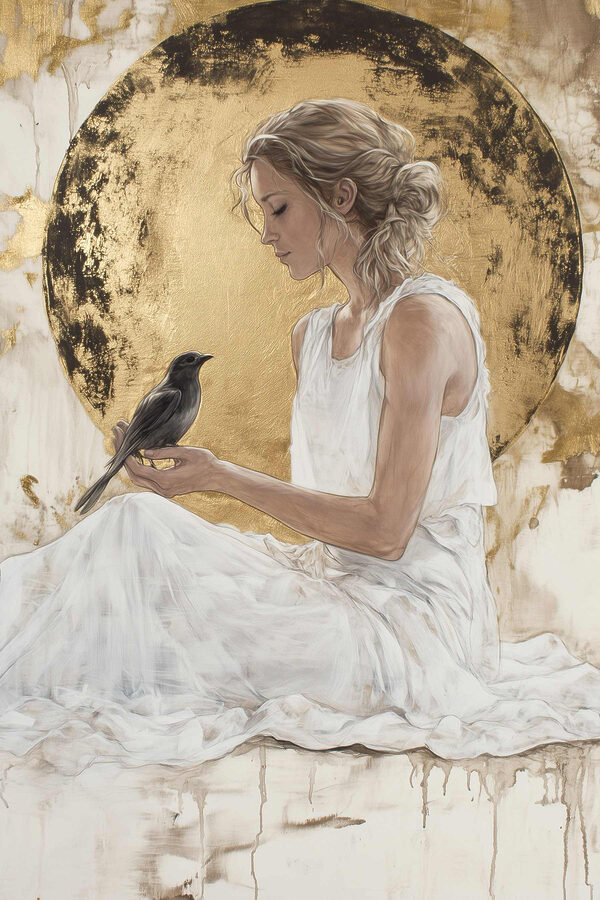 Vrouw in een witte jurk met een vogel Vrouw in een witte jurk met een vogel