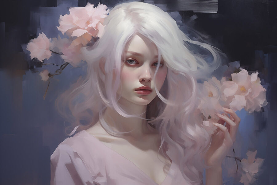 Vrouw met lang wit haar en roze bloemen