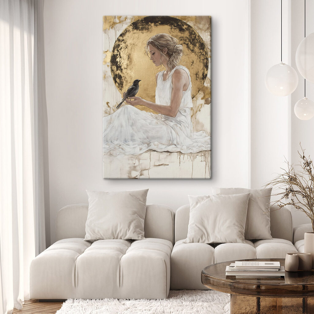 Woman in a white dress holding a bird