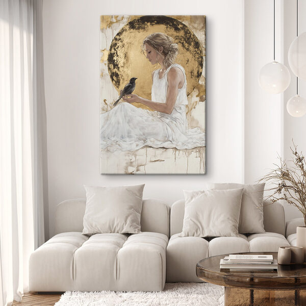 Vrouw in een witte jurk met een vogel Vrouw in een witte jurk met een vogel