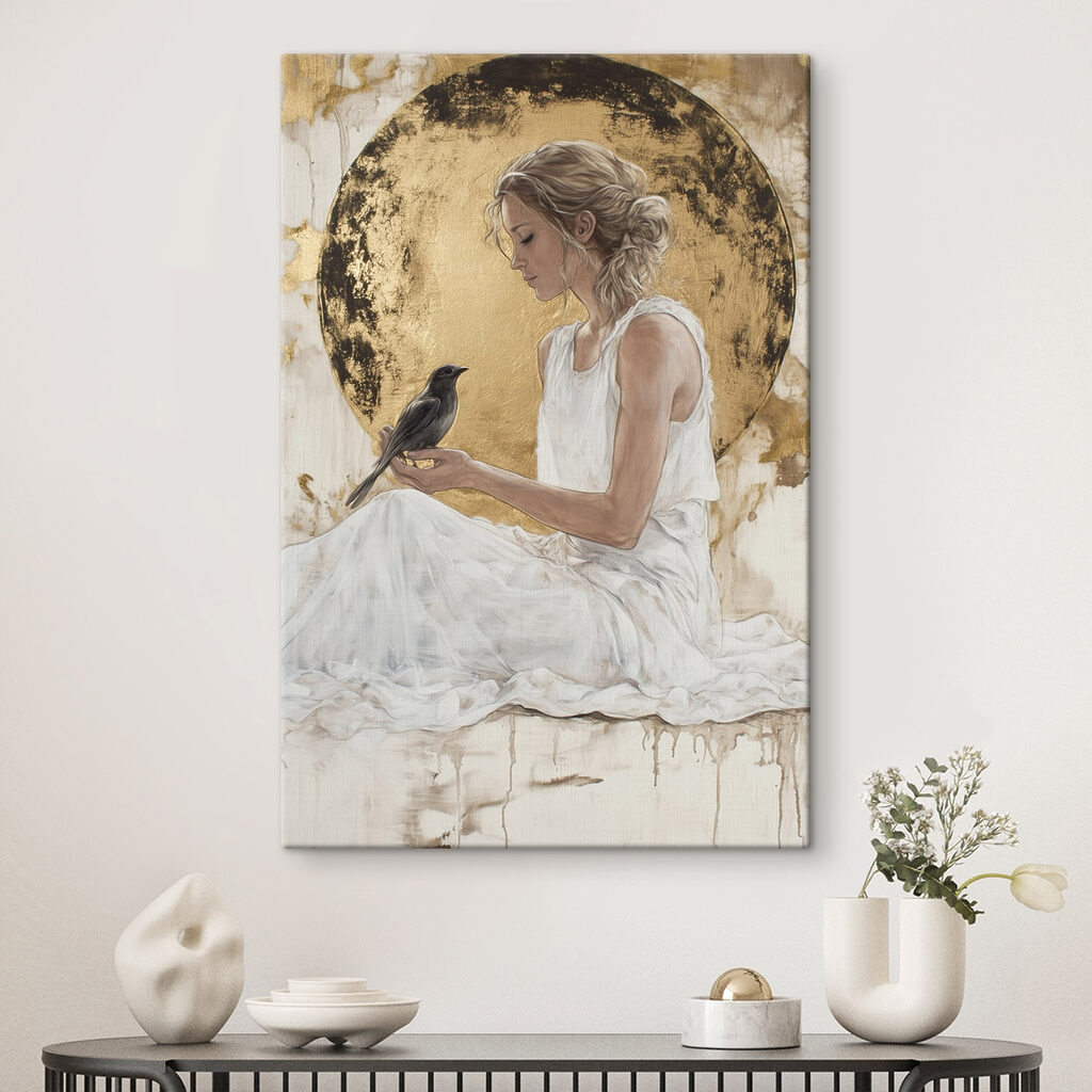 Woman in a white dress holding a bird