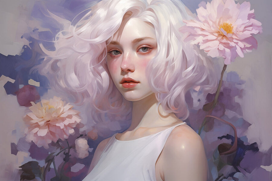 Vrouw met roze haar en roze bloemen