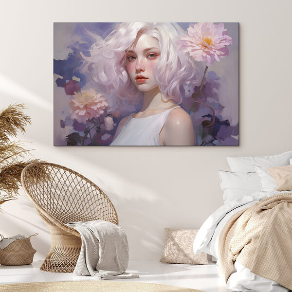 Vrouw met roze haar en roze bloemen Vrouw met roze haar en roze bloemen