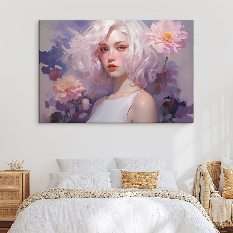 Vrouw met roze haar en roze bloemen