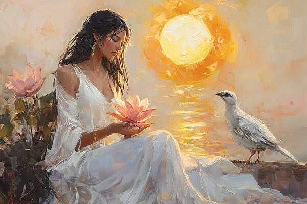 Schilderij van een vrouw met een bloem en een vogel Schilderij van een vrouw met een bloem en een vogel