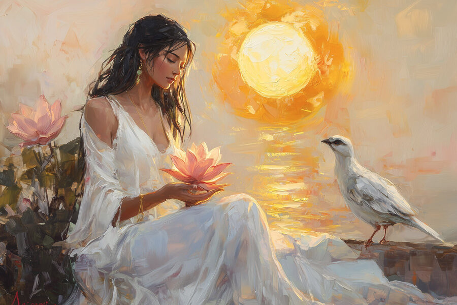 Schilderij van een vrouw met een bloem en een vogel