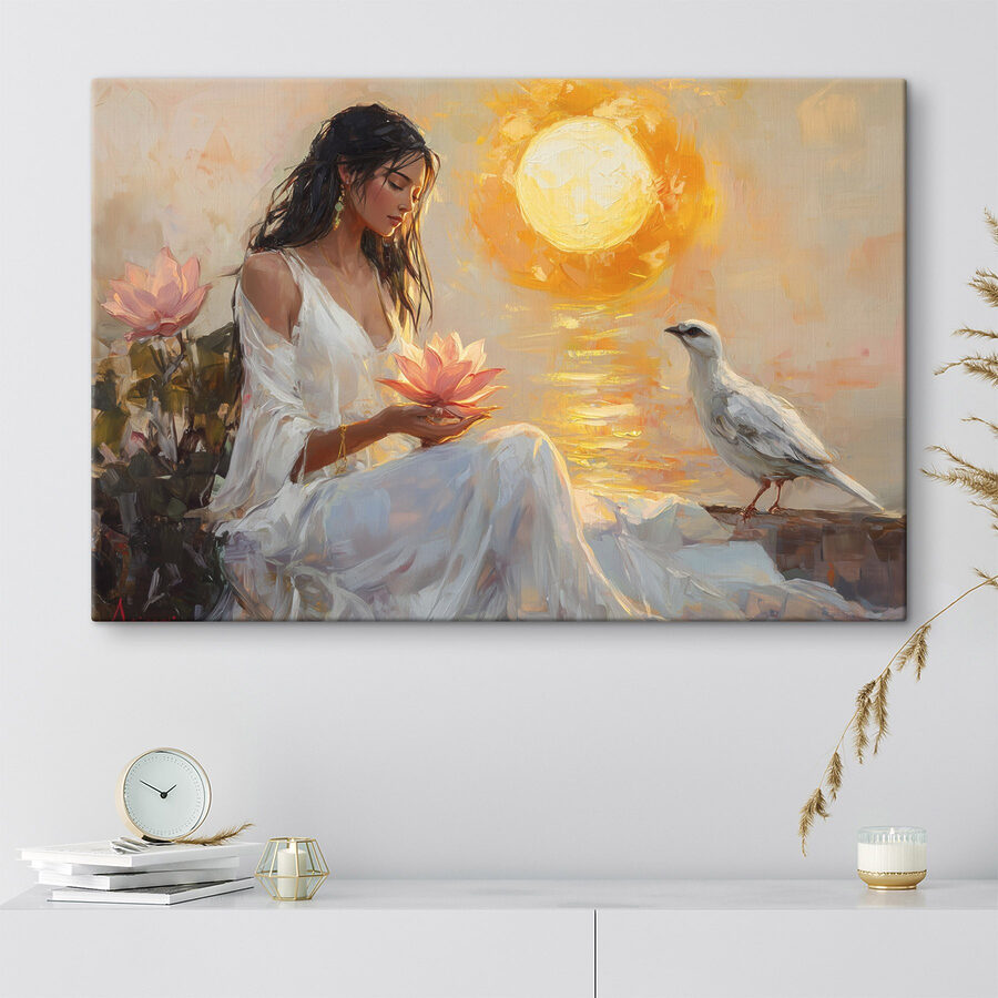 Schilderij van een vrouw met een bloem en een vogel