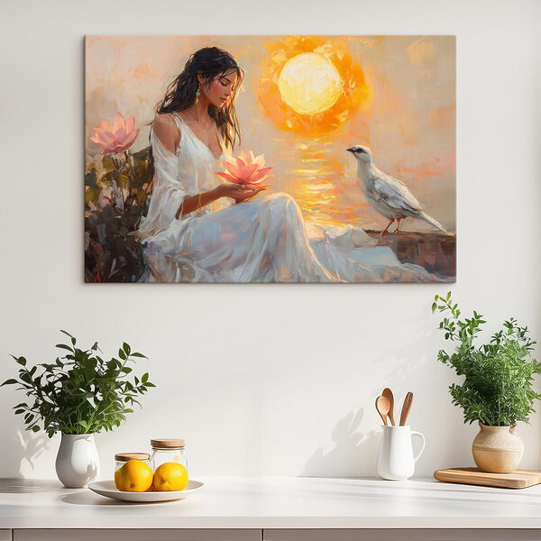 Schilderij van een vrouw met een bloem en een vogel Schilderij van een vrouw met een bloem en een vogel