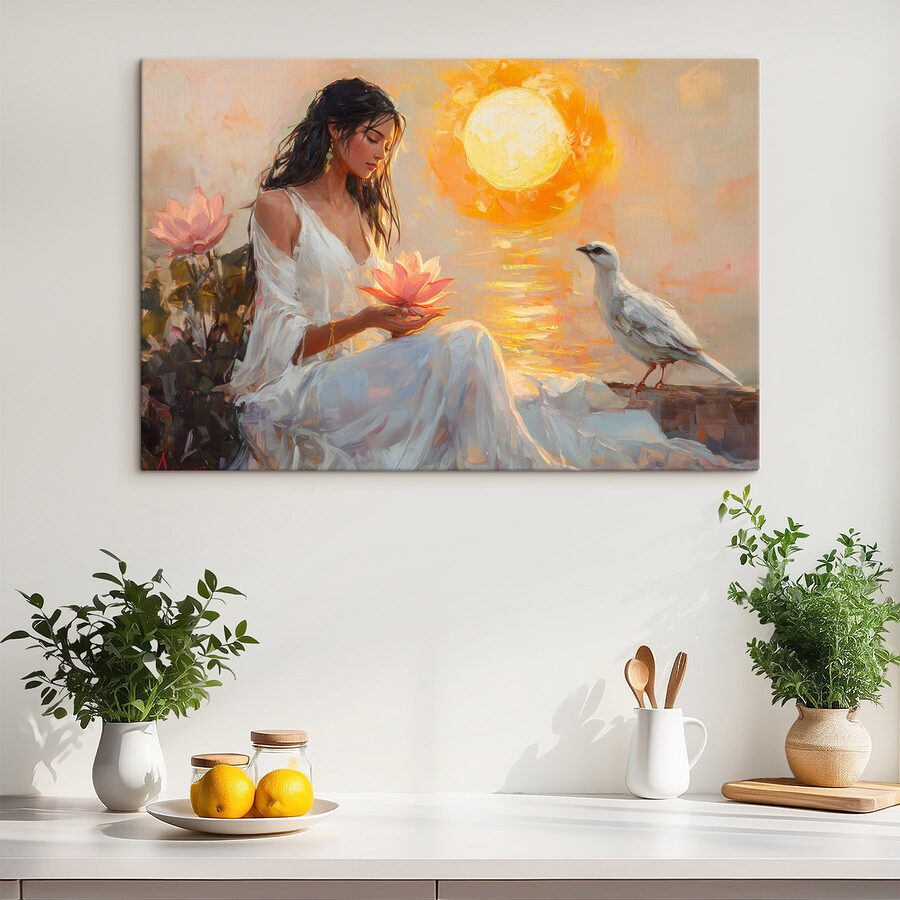 Schilderij van een vrouw met een bloem en een vogel