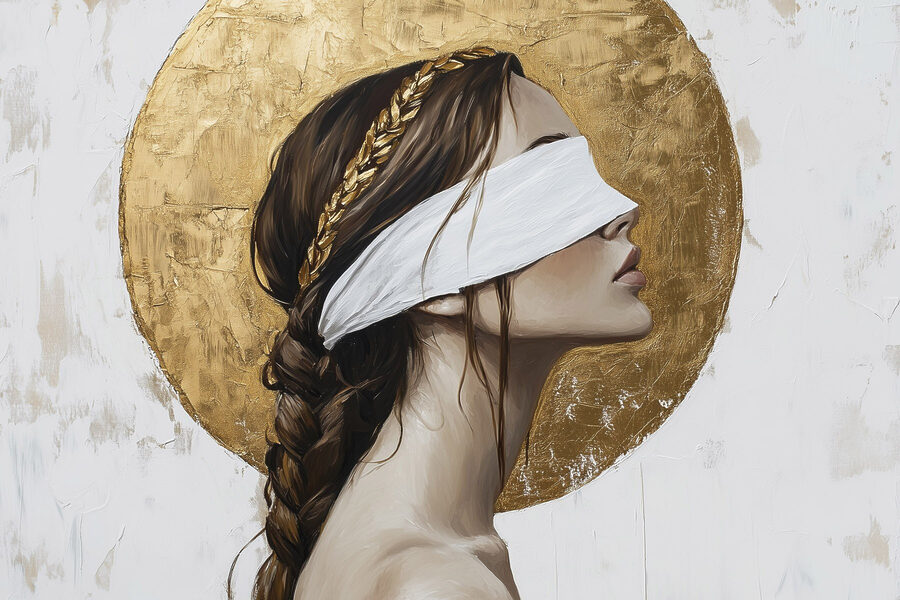 Schilderij van een vrouw met een blinddoek