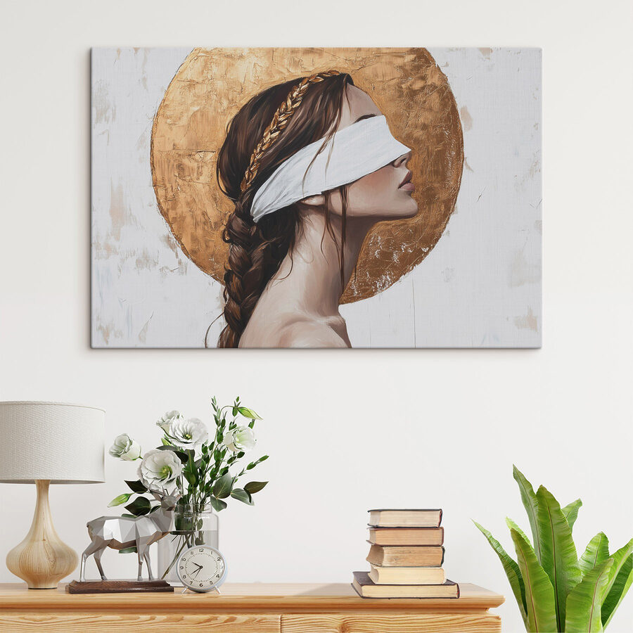 Schilderij van een vrouw met een blinddoek
