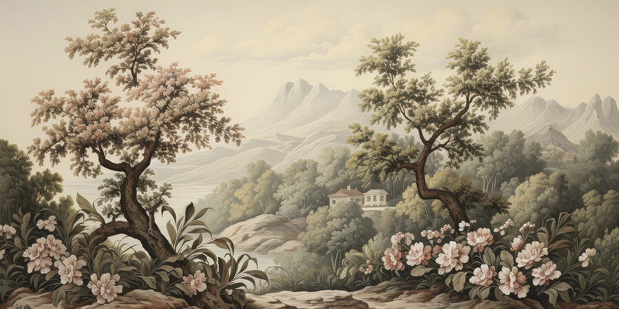 Landschap met bomen en bloemen