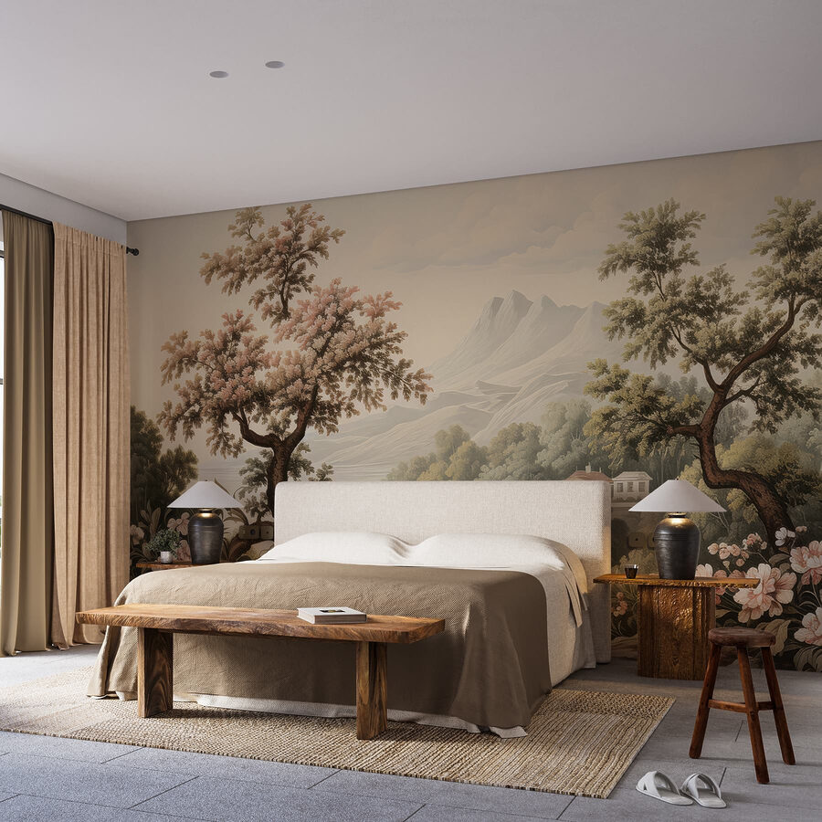 Landschap met bomen en bloemen