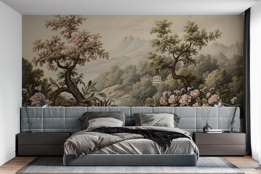 Landschap met bomen en bloemen