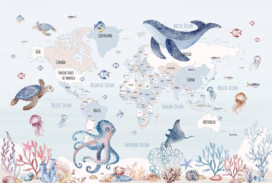 Wereldkaart met zeedieren