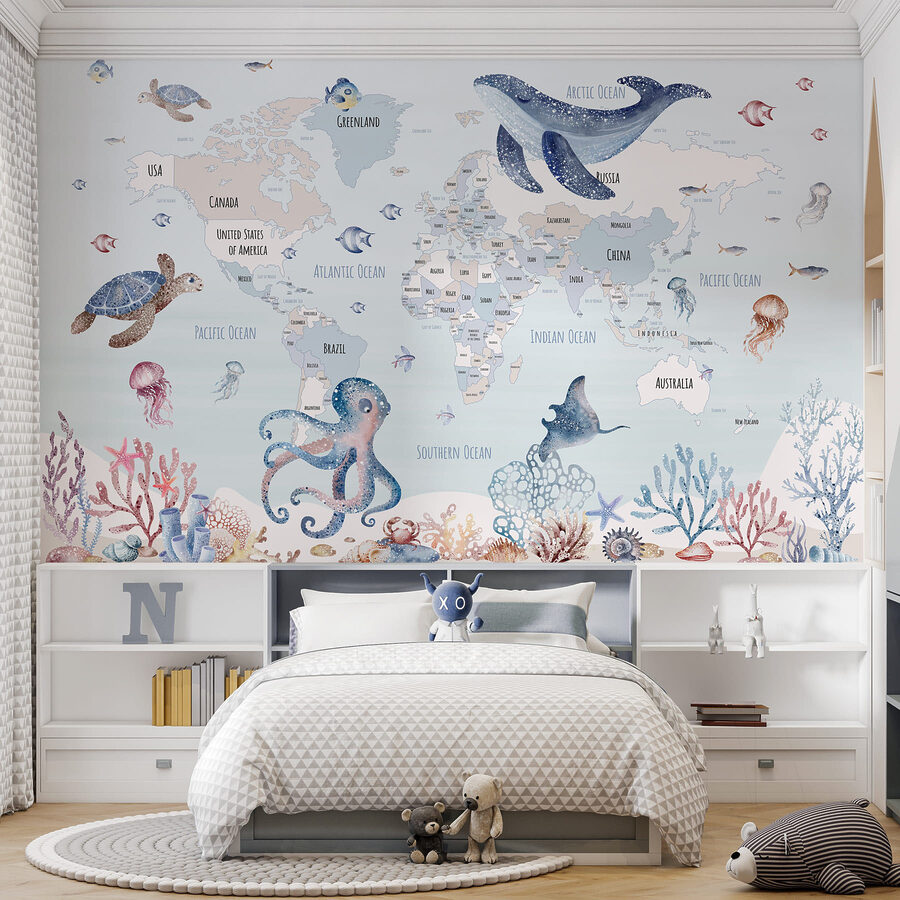 Wereldkaart met zeedieren