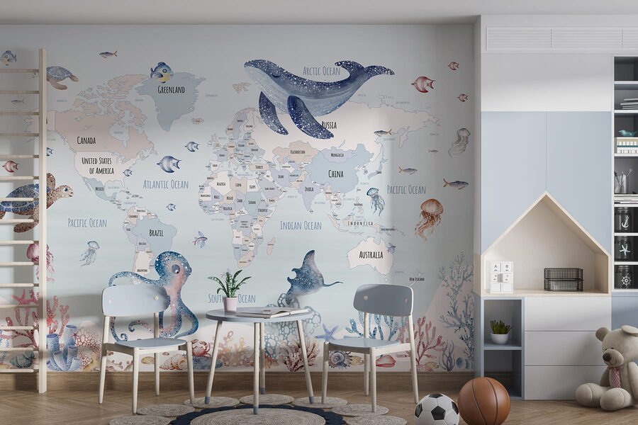 Wereldkaart met zeedieren