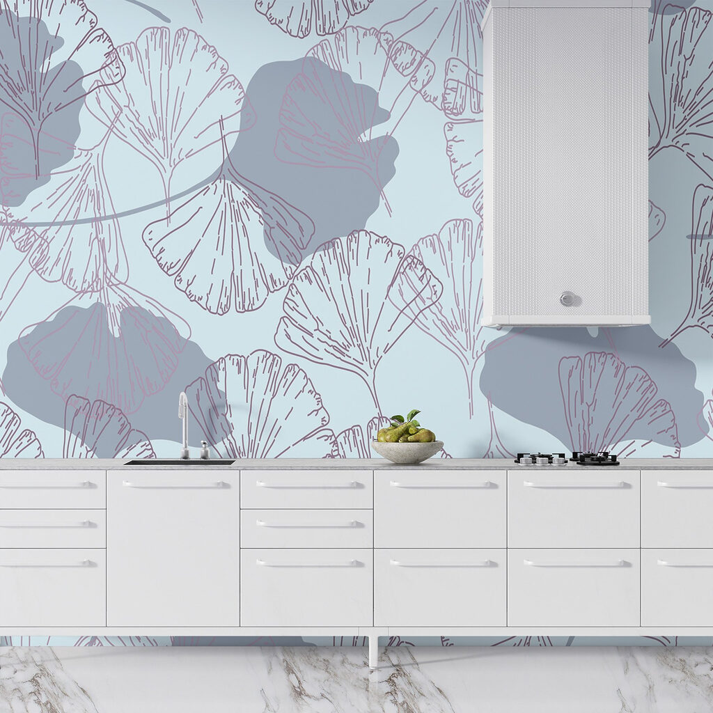 Pattern of leaves on a light blue background