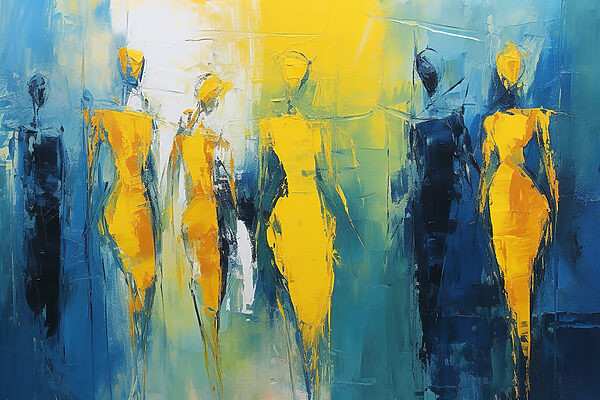 Schilderij van mensen in geel en blauw Schilderij van mensen in geel en blauw