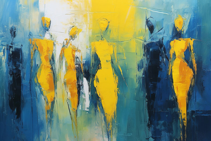 Schilderij van mensen in geel en blauw