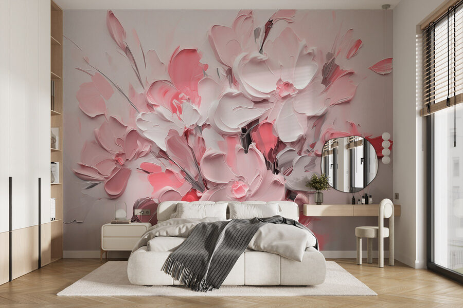 Fotobehang Schilderij van bloemen in roze en wit