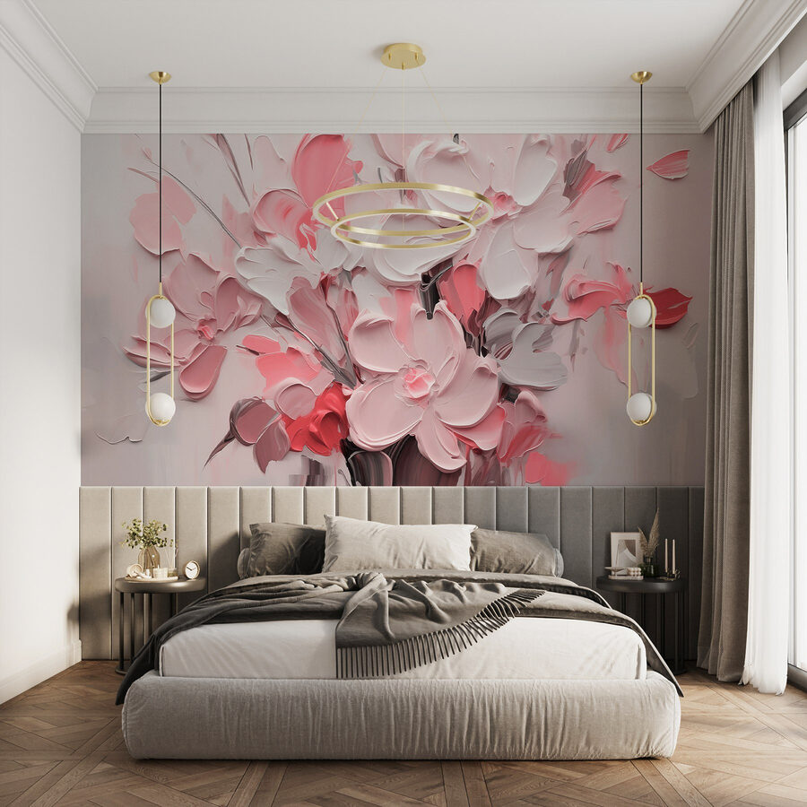 Fotobehang Schilderij van bloemen in roze en wit - Afbeelding 2