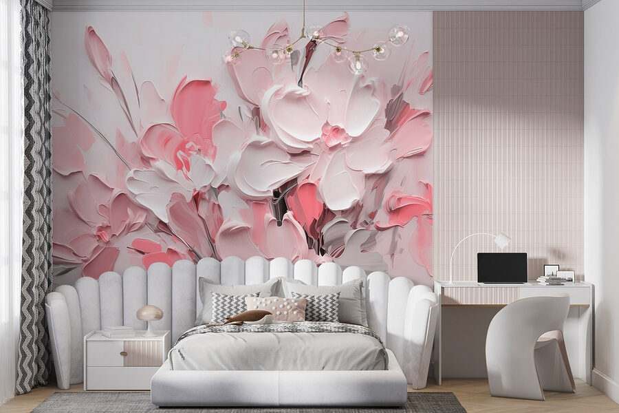 Fotobehang Schilderij van bloemen in roze en wit - Afbeelding 3