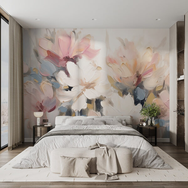 Schilderij van bloemen op een wit oppervlak Fotobehang Schilderij van bloemen op een wit oppervlak