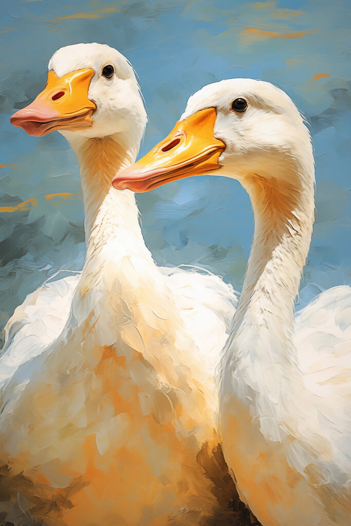 Pair of white ducks with orange beaks