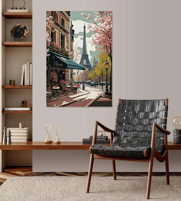 Schilderij van een straat met een toren op de achtergrond Schilderij van een straat met een toren op de achtergrond