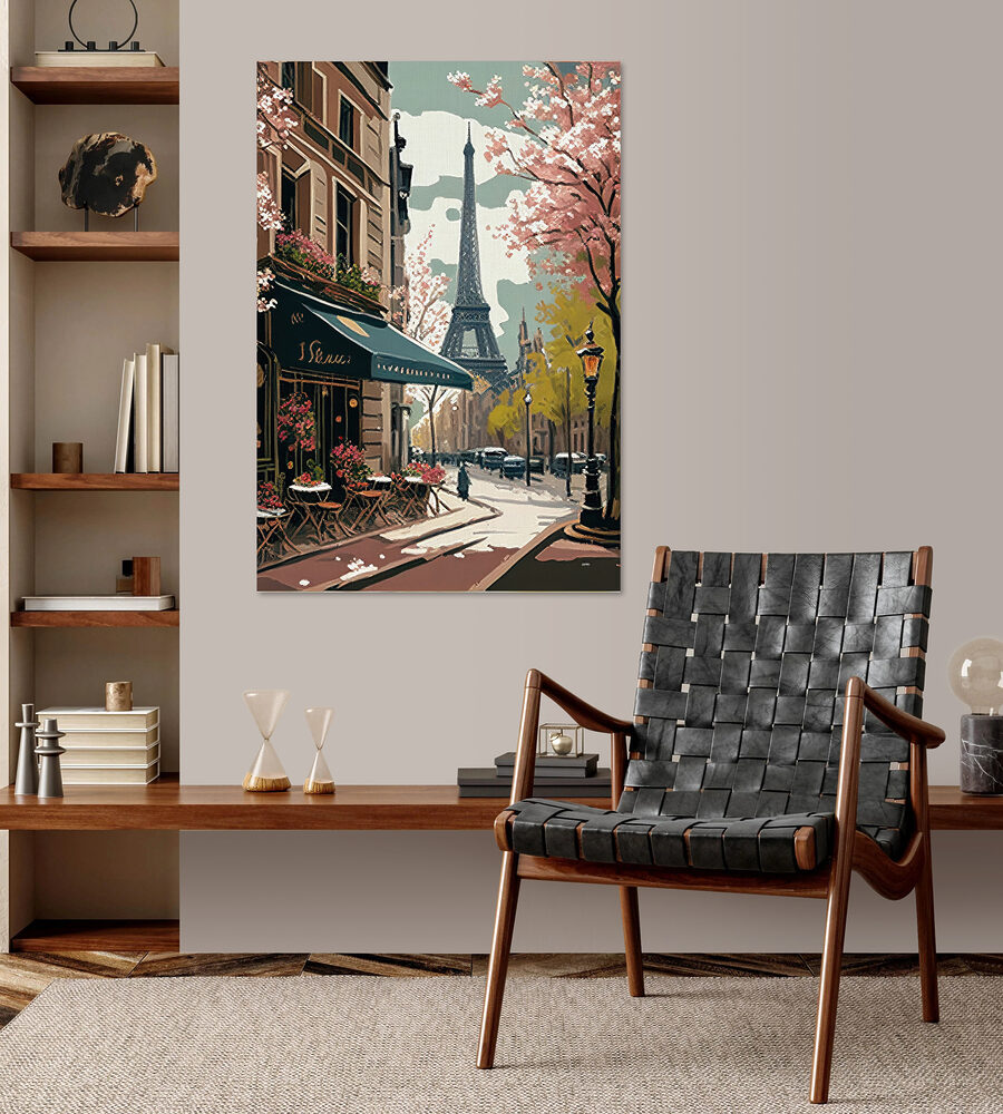Schilderij van een straat met een toren op de achtergrond