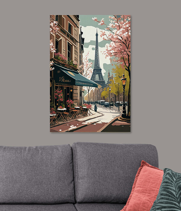 Schilderij van een straat met een toren op de achtergrond Schilderij van een straat met een toren op de achtergrond