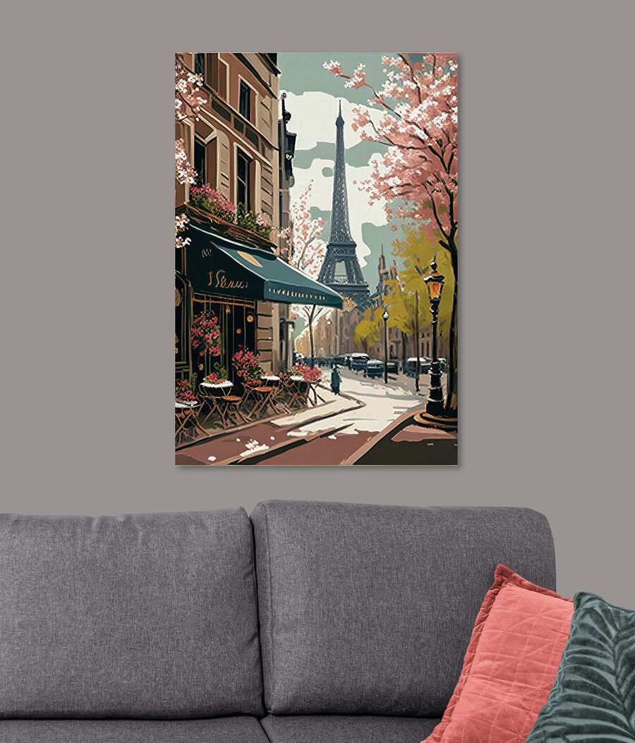 Schilderij van een straat met een toren op de achtergrond