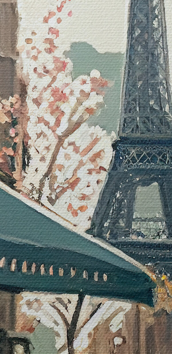 Schilderij van een straat met een toren op de achtergrond Schilderij van een straat met een toren op de achtergrond