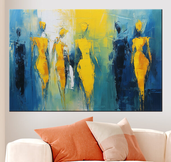 Schilderij van mensen in geel en blauw Schilderij van mensen in geel en blauw