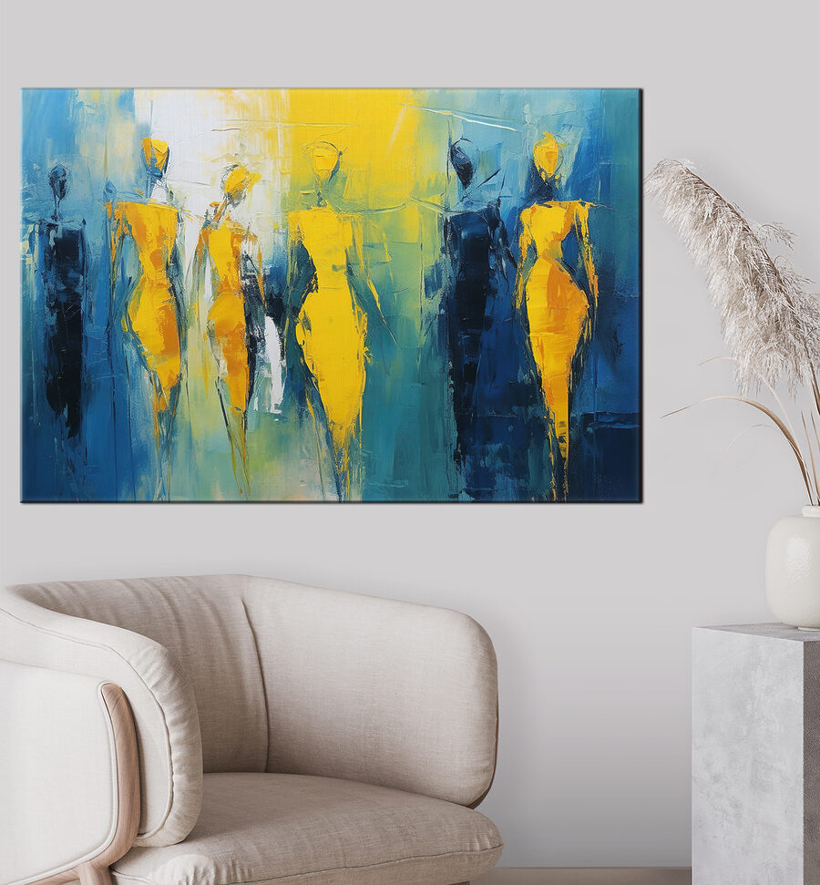 Schilderij van mensen in geel en blauw