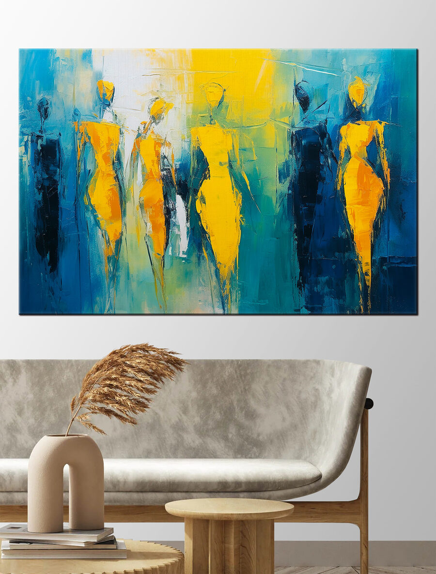 Schilderij van mensen in geel en blauw