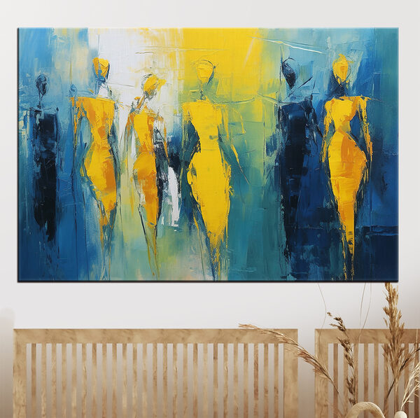Schilderij van mensen in geel en blauw Schilderij van mensen in geel en blauw