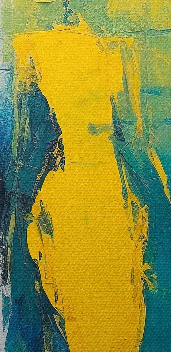 Schilderij van mensen in geel en blauw Schilderij van mensen in geel en blauw