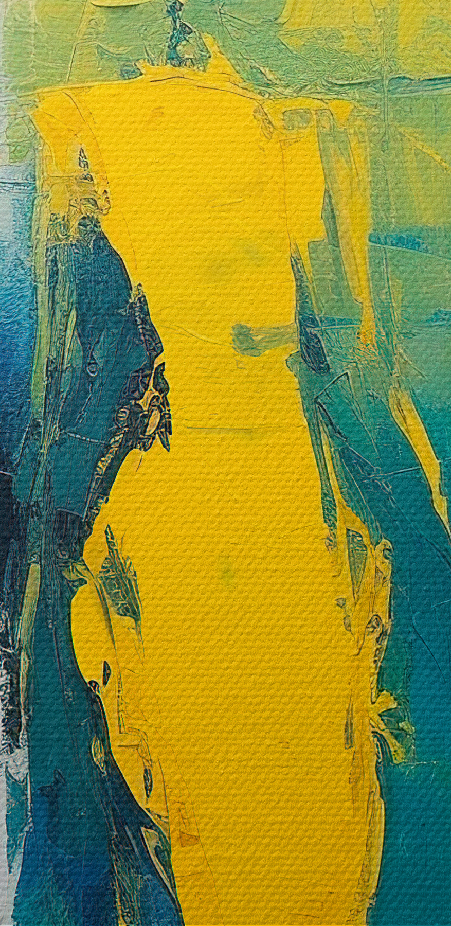 Schilderij van mensen in geel en blauw