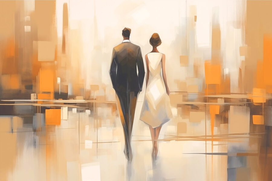 Man en vrouw lopen door een straat