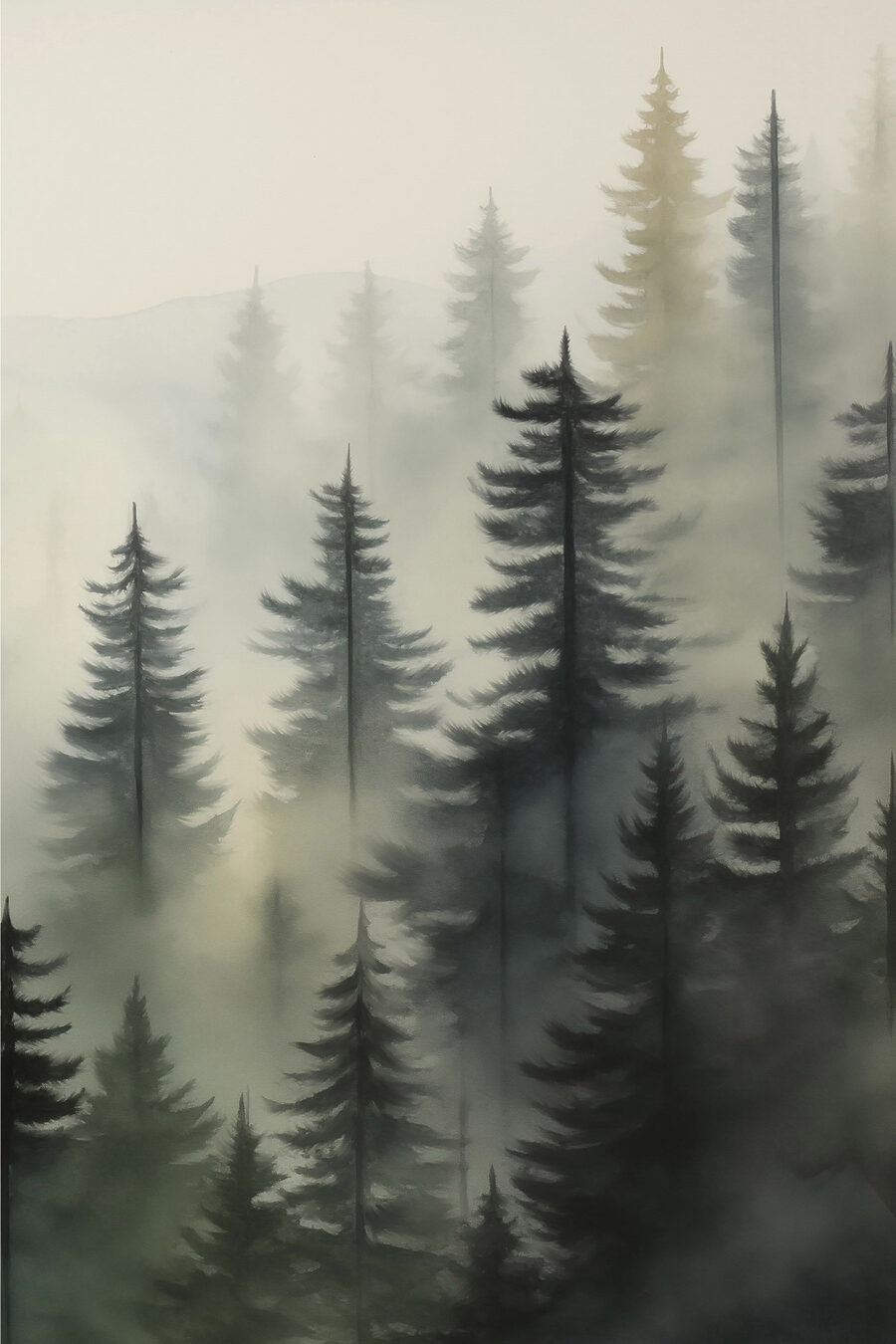 Mistig bos met bomen