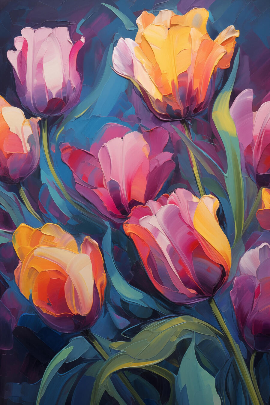 Schilderij van bloemen op een blauwe achtergrond Schilderij van bloemen op een blauwe achtergrond