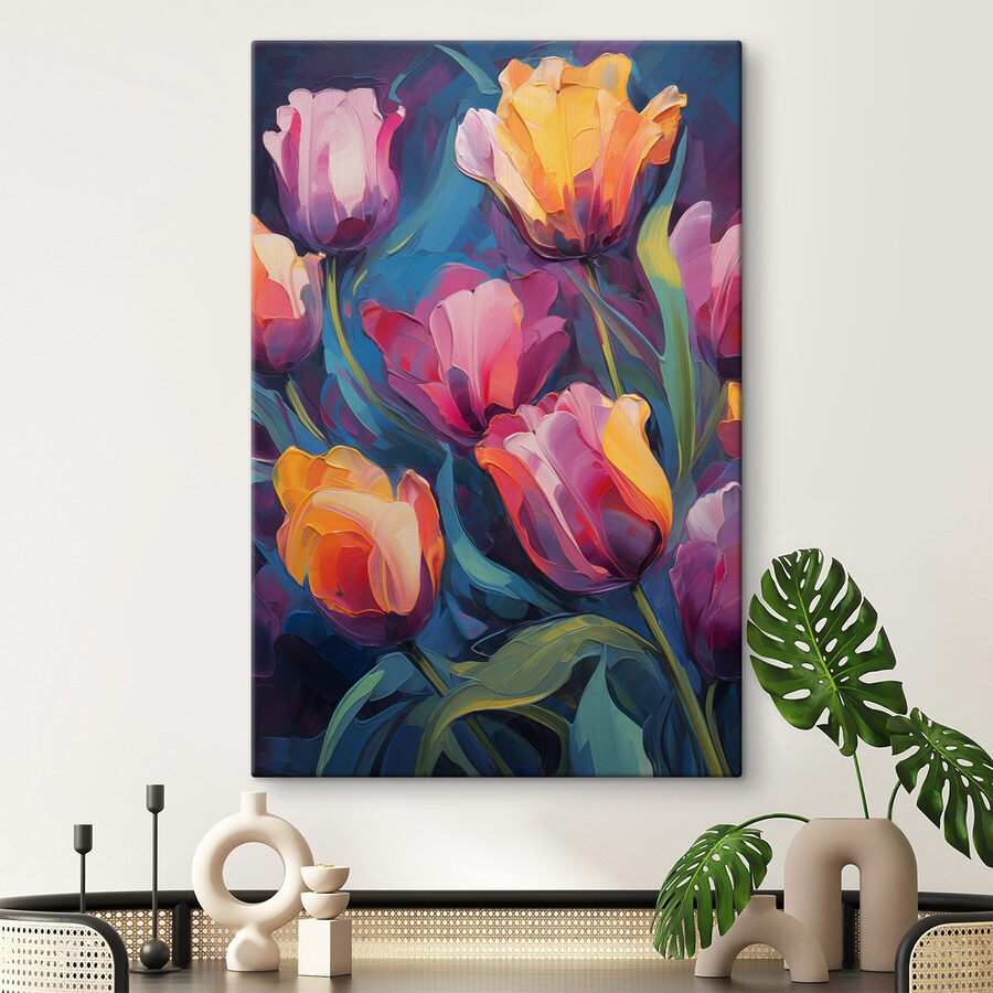 Schilderij van bloemen op een blauwe achtergrond Schilderij van bloemen op een blauwe achtergrond