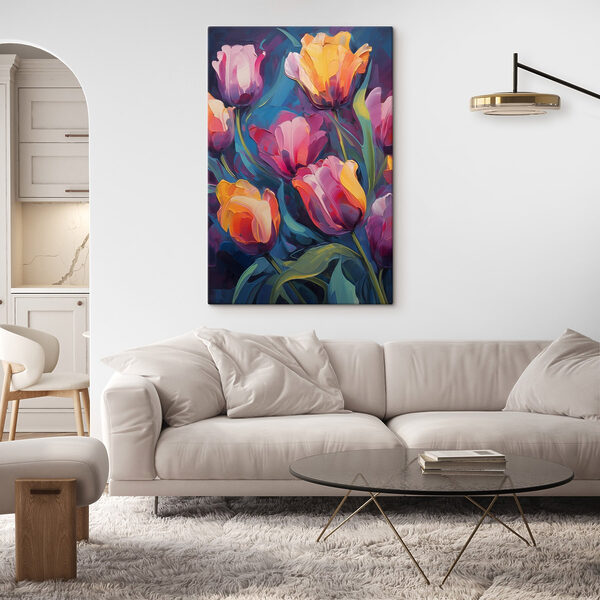 Schilderij van bloemen op een blauwe achtergrond Schilderij van bloemen op een blauwe achtergrond