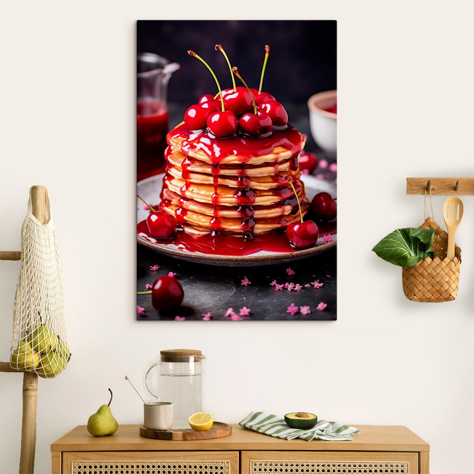 Stack of pancakes with cherry syrup on top